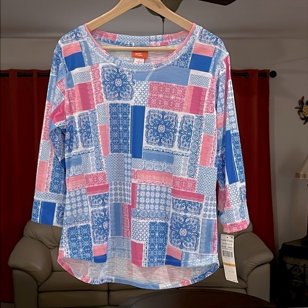 Hearts of Palm Patchwork 3/4 Length Sleeve Pullover Top Size S NWT